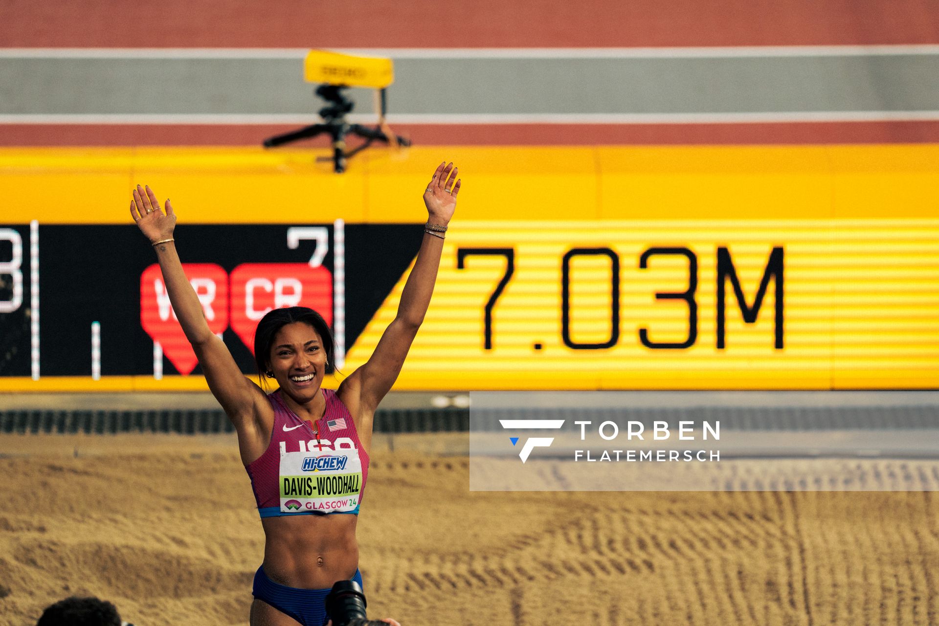 Tara Davis-Woodhall (USA/United States of America) am 03.03.2024 bei den World Athletics Indoor Championships in Glasgow (Schottland / Vereinigtes Königreich)