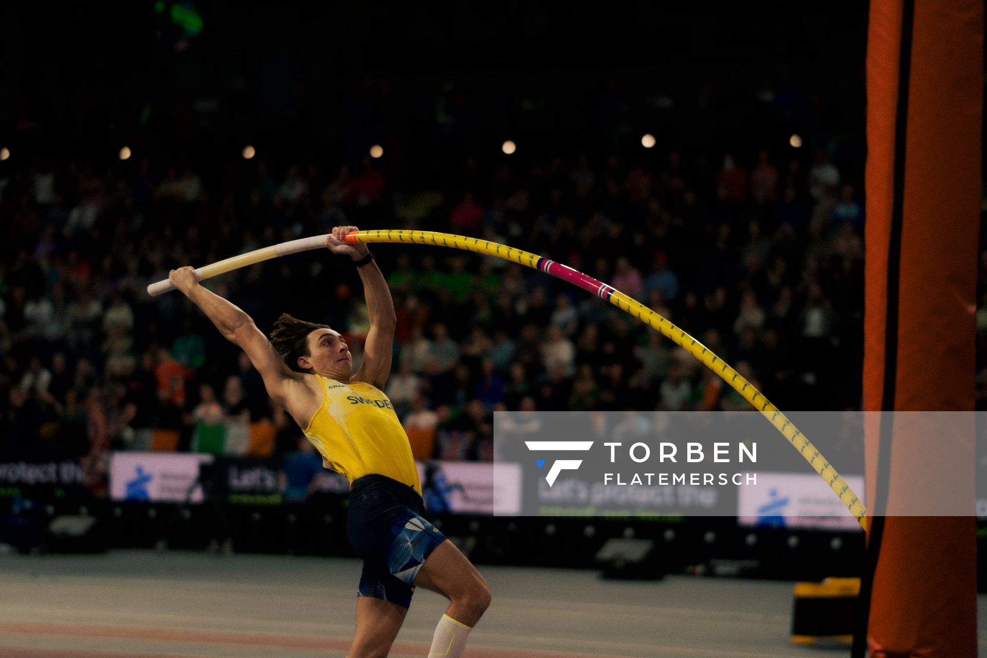 Armand Duplantis (SWE/Sweden) am 03.03.2024 bei den World Athletics Indoor Championships in Glasgow (Schottland / Vereinigtes Königreich)