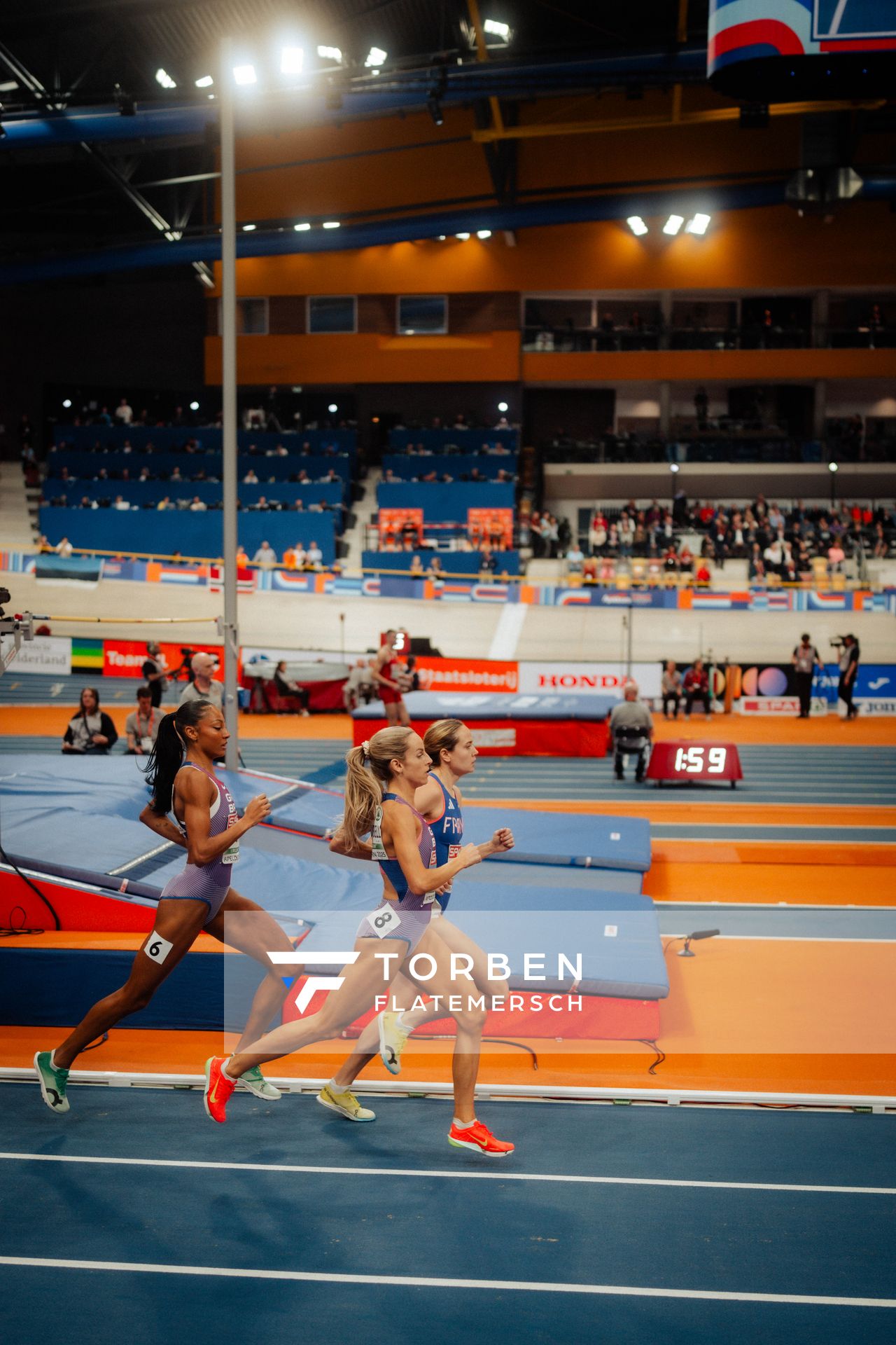 Georgia Hunter Bell (GBR/Great Britain), Agathe Guillemot (FRA/France), Revee Walcott-Nolan (GBR/Great Britain) during the European Athletics Indoor Championships on 07/03/2025 at the Omnisport Arena in Apeldoorn