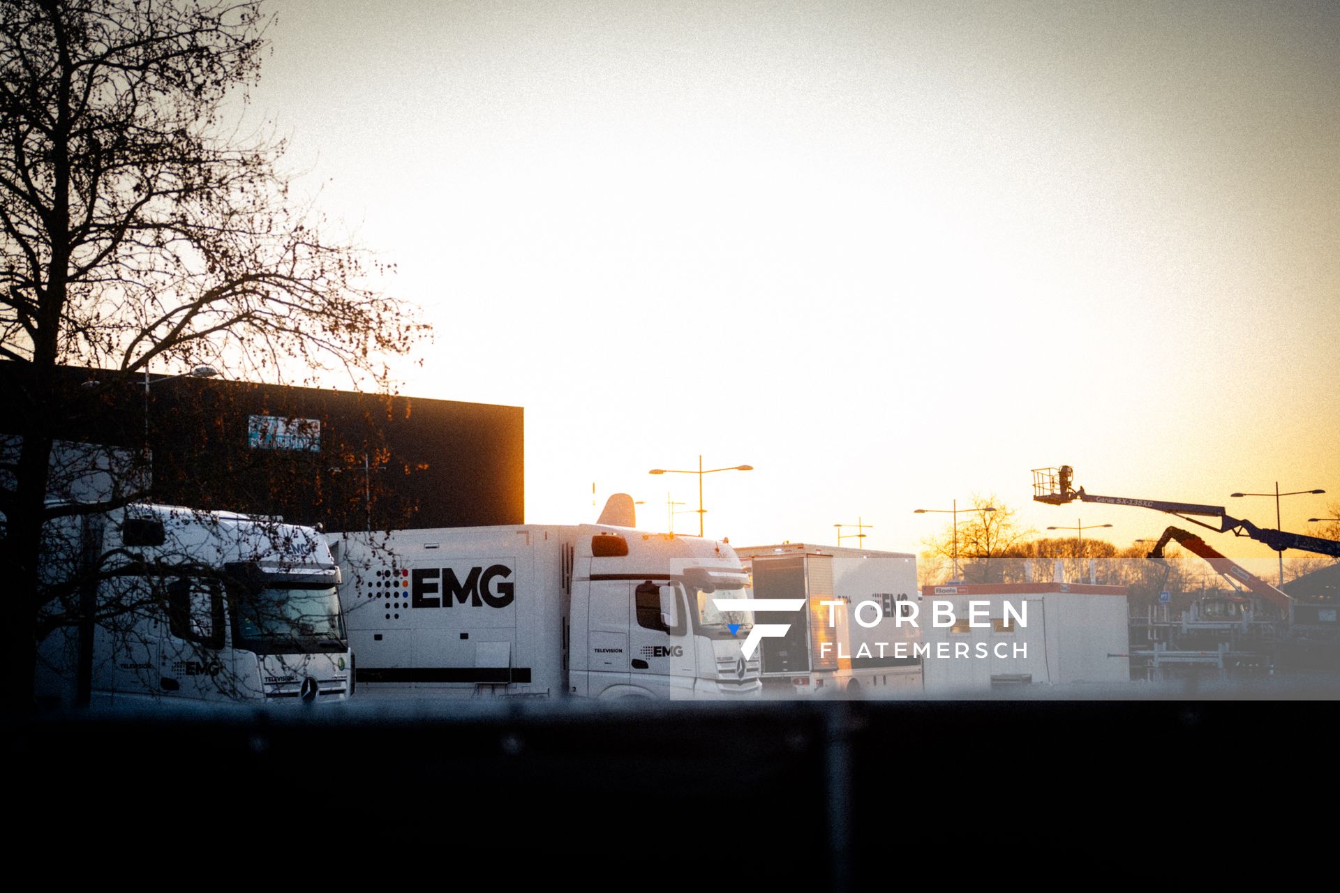 TV Trucks and sunset during the European Athletics Indoor Championships on 08/03/2025 at the Omnisport Arena in Apeldoorn