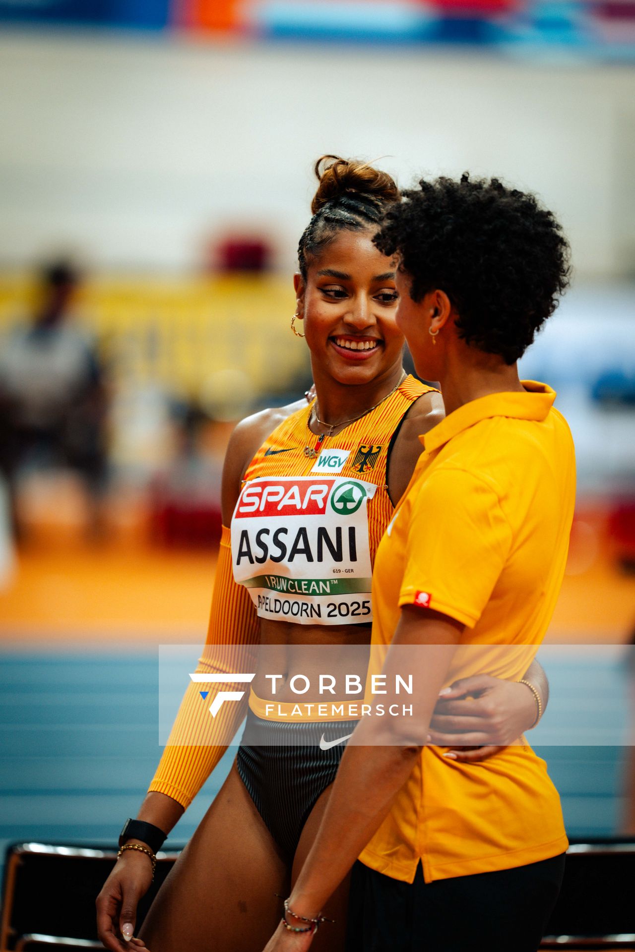 Mikaelle Assani (GER/Germany), Malaika Mihambo (GER/Germany) during the European Athletics Indoor Championships on 07/03/2025 at the Omnisport Arena in Apeldoorn