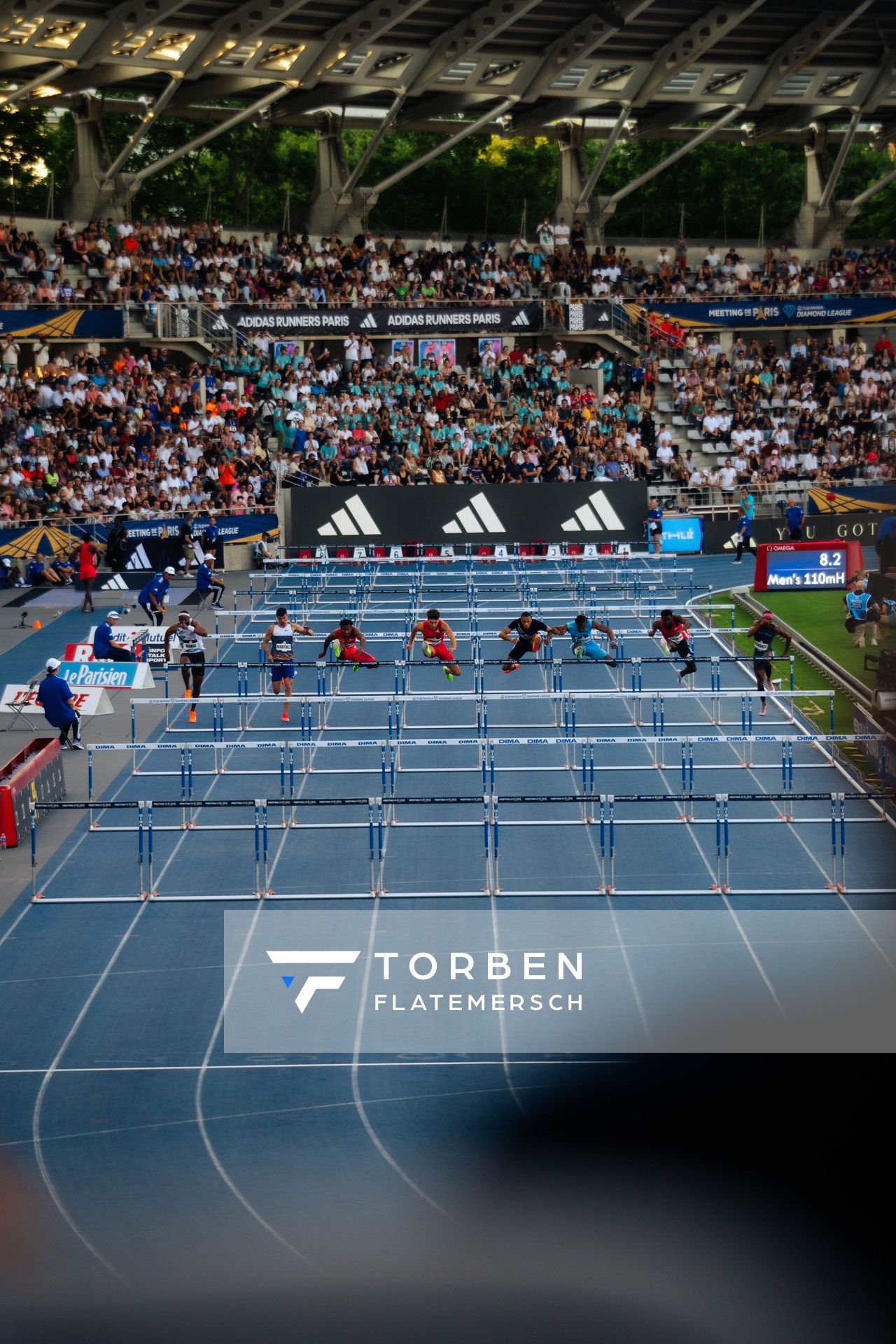 Eric Edwards (United States), Just Kwaou-Mathey (France), Dylan Beard (United States), Jamal Britt (United States), Trey Cunningham (United States), Rachid Muratake (Japan), Asier Martínez (Spain), Aurel Manga (France) during the 110m Hurdles heats at the Wanda Diamond League MEETING de Paris on 20/06/2025 in Paris