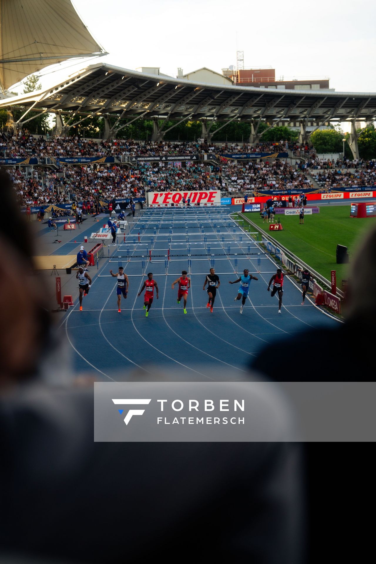 Eric Edwards (United States), Just Kwaou-Mathey (France), Dylan Beard (United States), Jamal Britt (United States), Trey Cunningham (United States), Rachid Muratake (Japan), Asier Martínez (Spain), Aurel Manga (France) during the 110m Hurdles heats at the Wanda Diamond League MEETING de Paris on 20/06/2025 in Paris