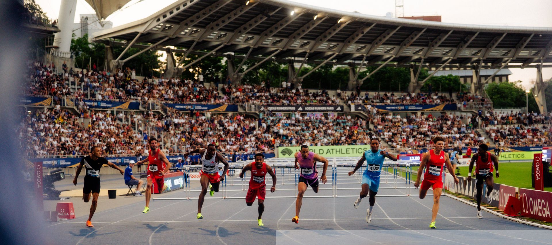110m hurdels final: Jamal Britt (United States), Enrique Llopis (Spain), Grant Holloway (United States), Rachid Muratake (Japan), Jason Joseph (Switzerland), Dylan Beard (United States), Trey Cunningham (United States), Just Kwaou-Mathey (France) during the Wanda Diamond League MEETING de Paris on 20/06/2025 in Paris