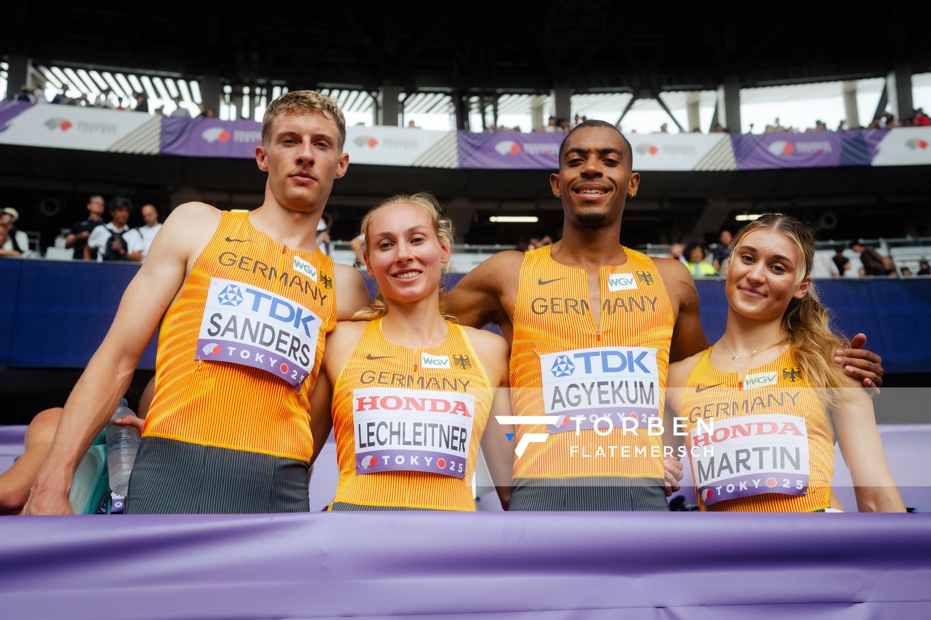 Manuel Sanders (GER), Elisa Lechleitner (GER), Emil Agyekum (GER), Johanna Martin (GER) during the World Athletics Championships on 13.09.2025 in Tokyo.