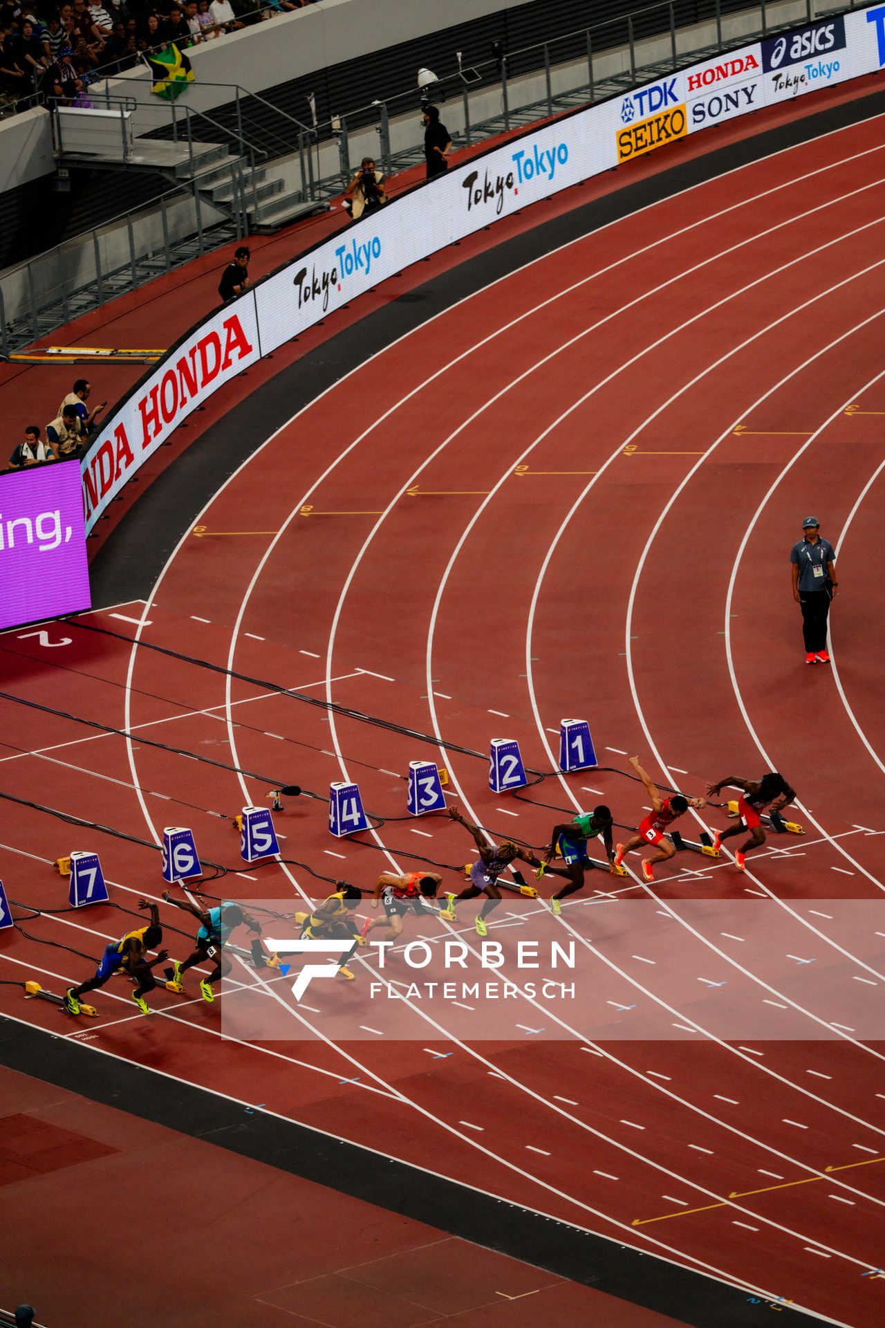 Christopher Borzor (HAI), Ali Al Balushi (OMA), Felipe Bardi (BRA), Noah Lyles (USA), Yoshihide Kiryu (JPN), Ackeem Blake (JAM), Terrence Jones (BAH), Georgia Griffith (AUS) during the World Athletics Championships on 13.09.2025 in Tokyo.