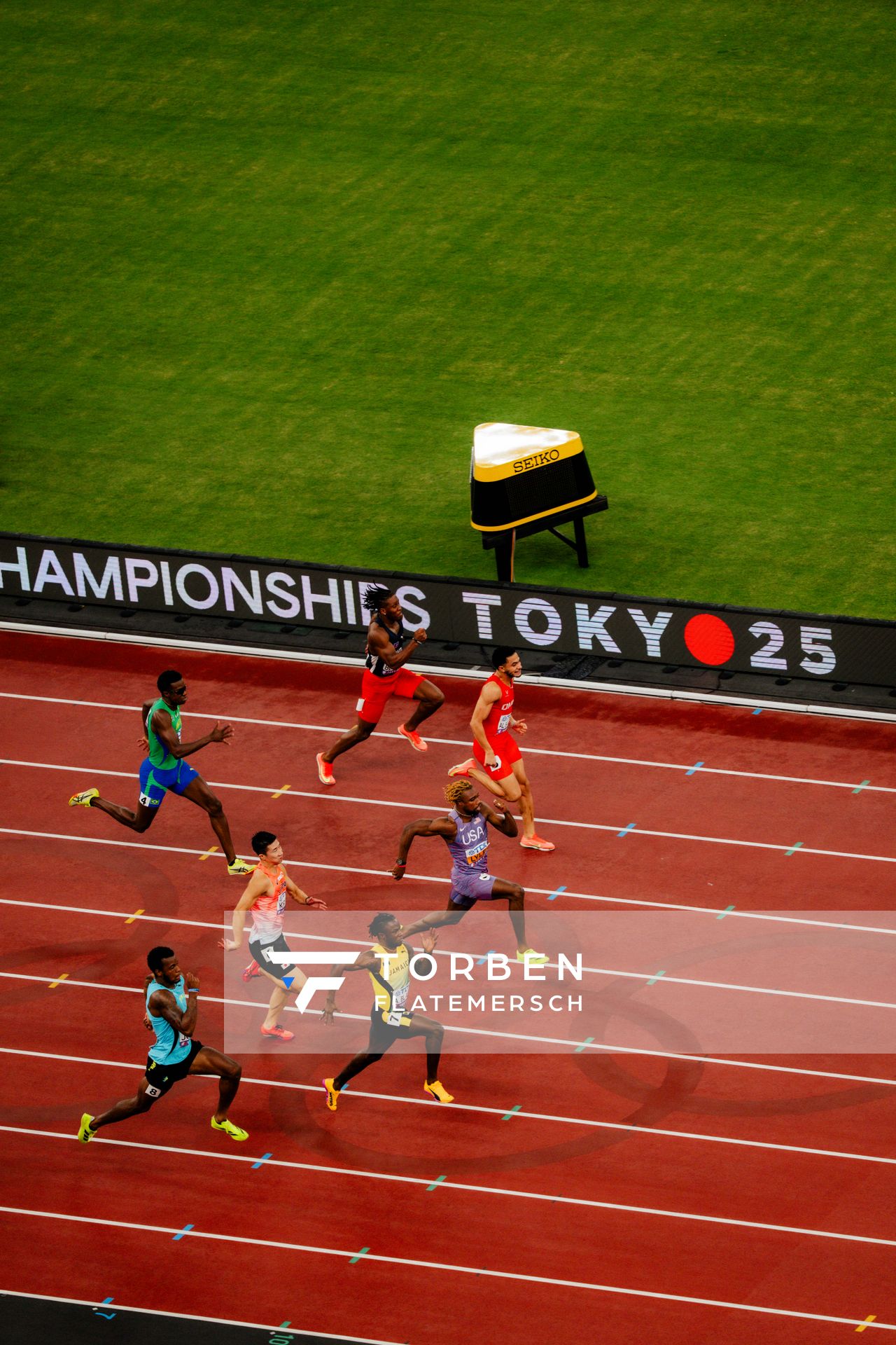 Christopher Borzor (HAI), Ali Al Balushi (OMA), Felipe Bardi (BRA), Noah Lyles (USA), Yoshihide Kiryu (JPN), Ackeem Blake (JAM), Terrence Jones (BAH), Georgia Griffith (AUS) during the World Athletics Championships on 13.09.2025 in Tokyo.