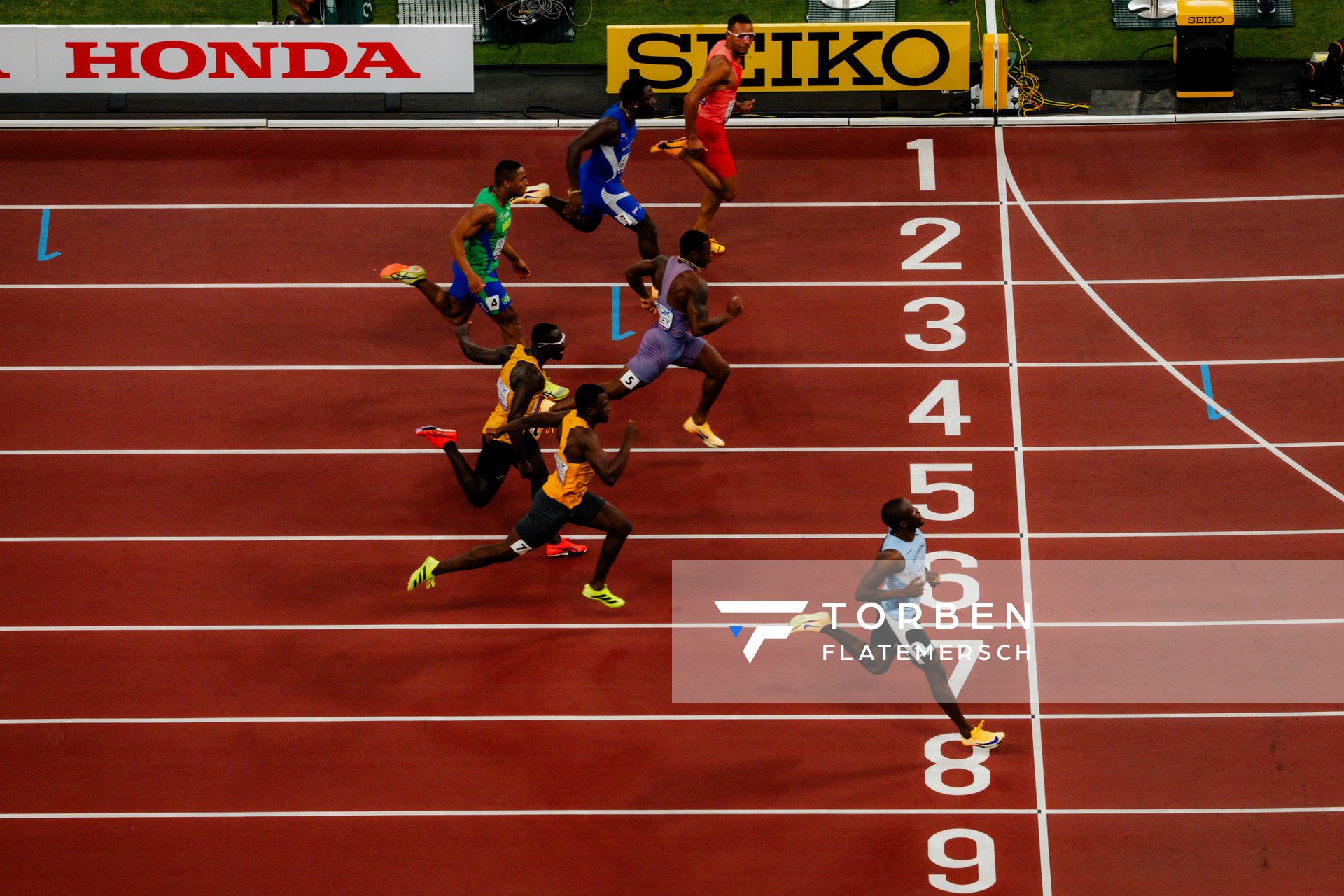 100m Heat 5 with Letsile Tebogo (BOT), Andre De Grasse (CAN), Courtney Lindsey (USA), Rikkoi Brathwaite (IVB), Lucas Ansah-Peprah (GER), Benjamin Azamati (GHA), Erik Cardoso (BRA) during the World Athletics Championships on 13.09.2025 in Tokyo.
