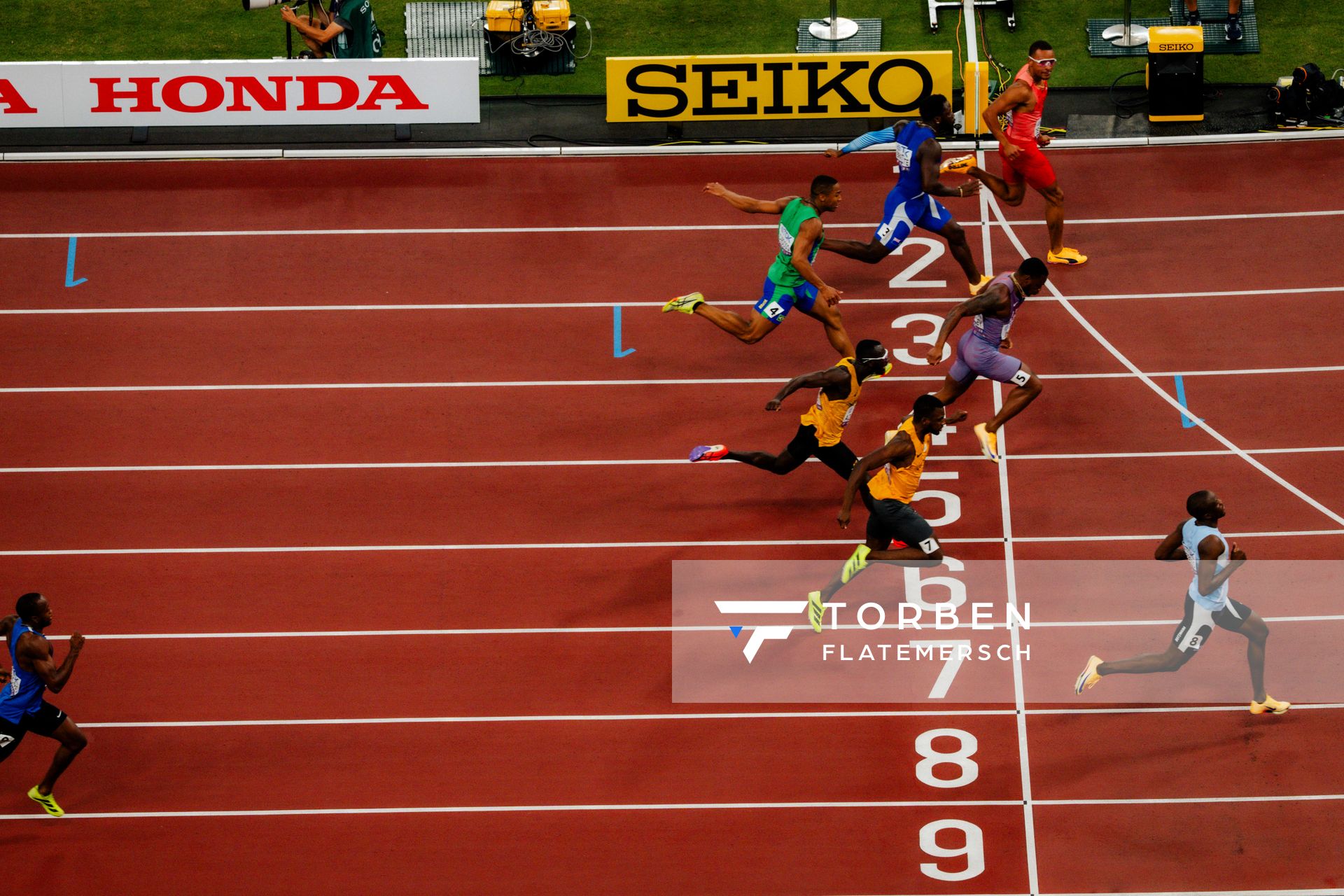 100m Heat 5 with Letsile Tebogo (BOT), Andre De Grasse (CAN), Courtney Lindsey (USA), Rikkoi Brathwaite (IVB), Lucas Ansah-Peprah (GER), Benjamin Azamati (GHA), Erik Cardoso (BRA) during the World Athletics Championships on 13.09.2025 in Tokyo.