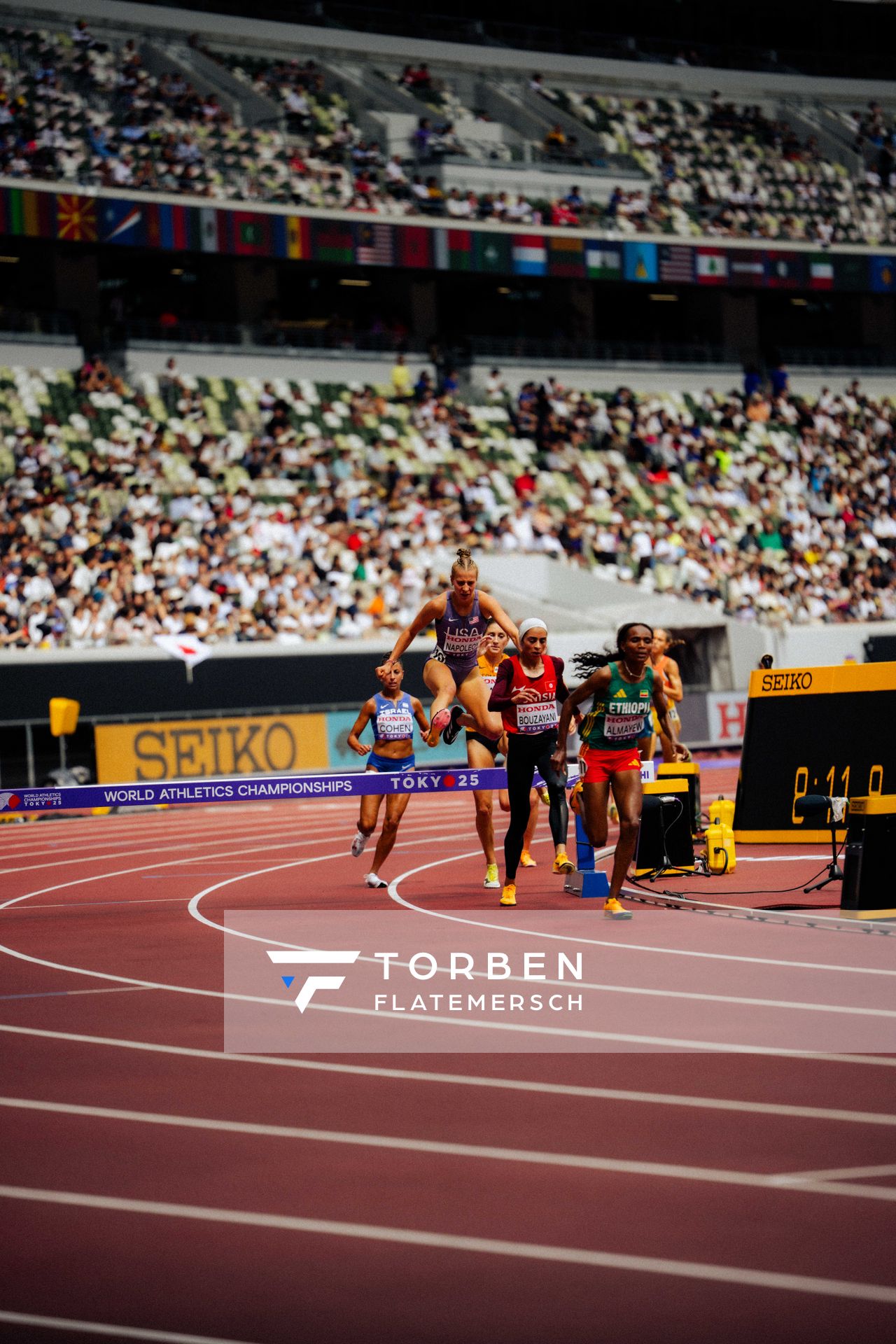 Angelina Napoleon (USA), Marwa Bouzayani (TUN), Sembo Almayew (ETH) during the World Athletics Championships on 15.09.2025 in Tokyo.