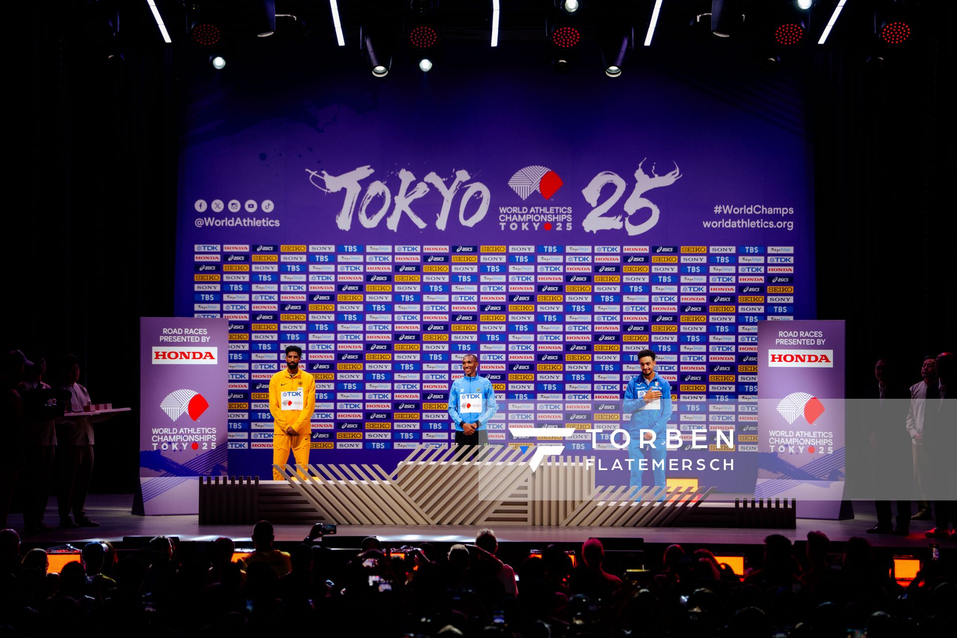 Medal ceremony of Men’s Marathon during the World Athletics Championships with Amanal Petros (GER),
 Alphonce Felix Simbu (TAN) & Iliass Aouani (ITA) 15.09.2025 in Tokyo.