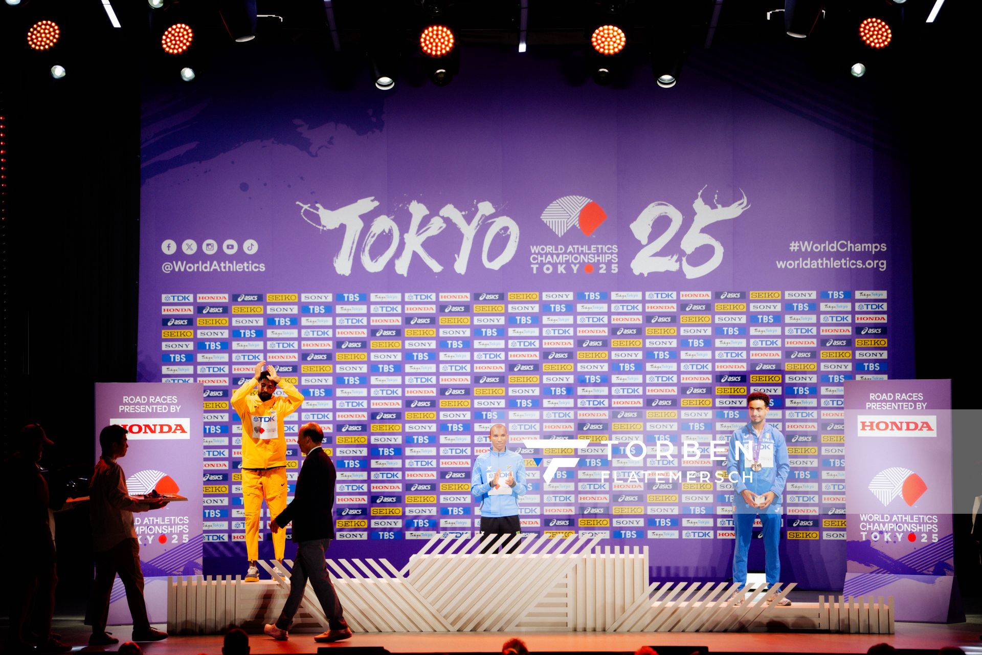 Medal ceremony of Men’s Marathon during the World Athletics Championships with Amanal Petros (GER),
 Alphonce Felix Simbu (TAN) & Iliass Aouani (ITA) 15.09.2025 in Tokyo.