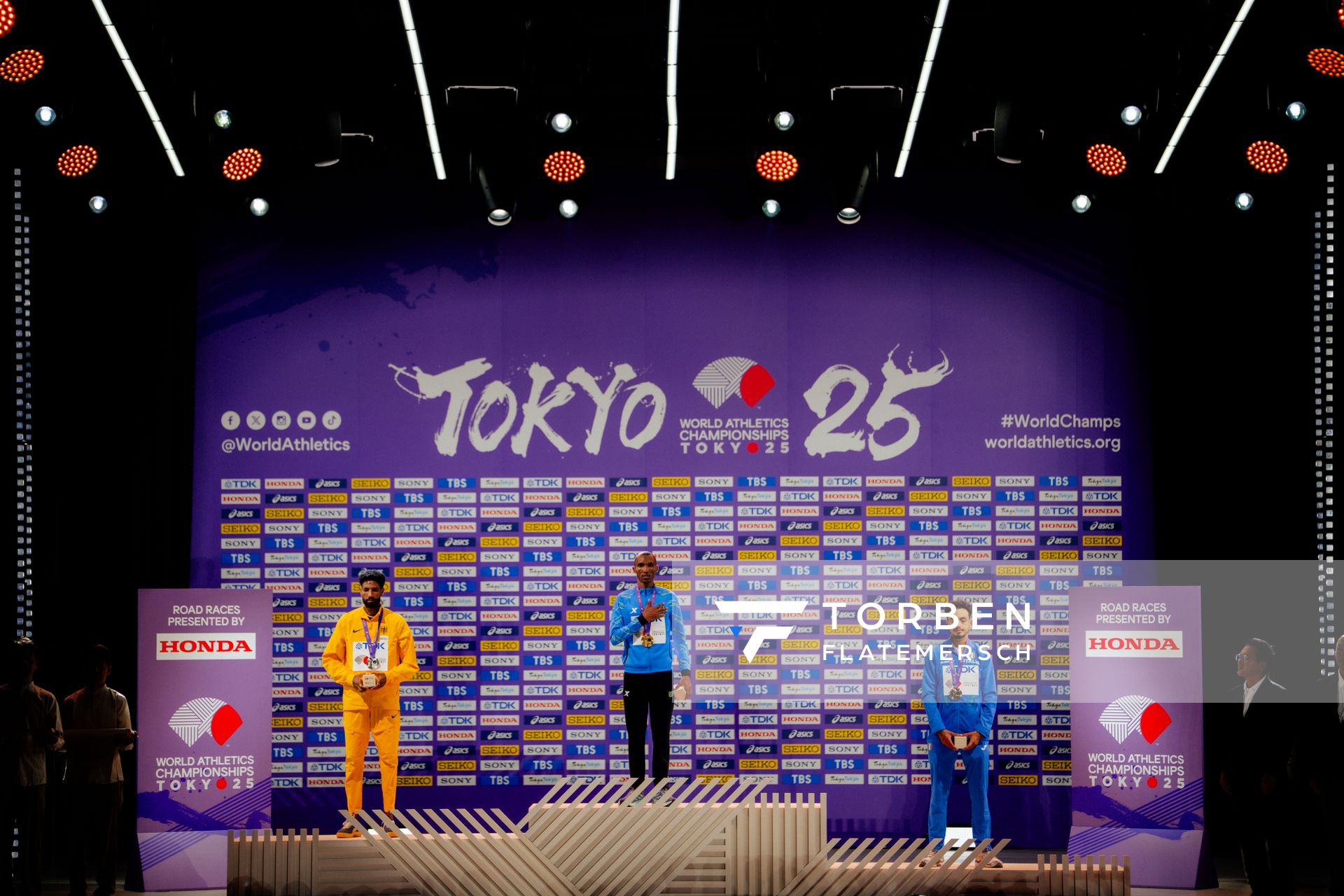 Medal ceremony of Men’s Marathon during the World Athletics Championships with Amanal Petros (GER),
 Alphonce Felix Simbu (TAN) & Iliass Aouani (ITA) 15.09.2025 in Tokyo.