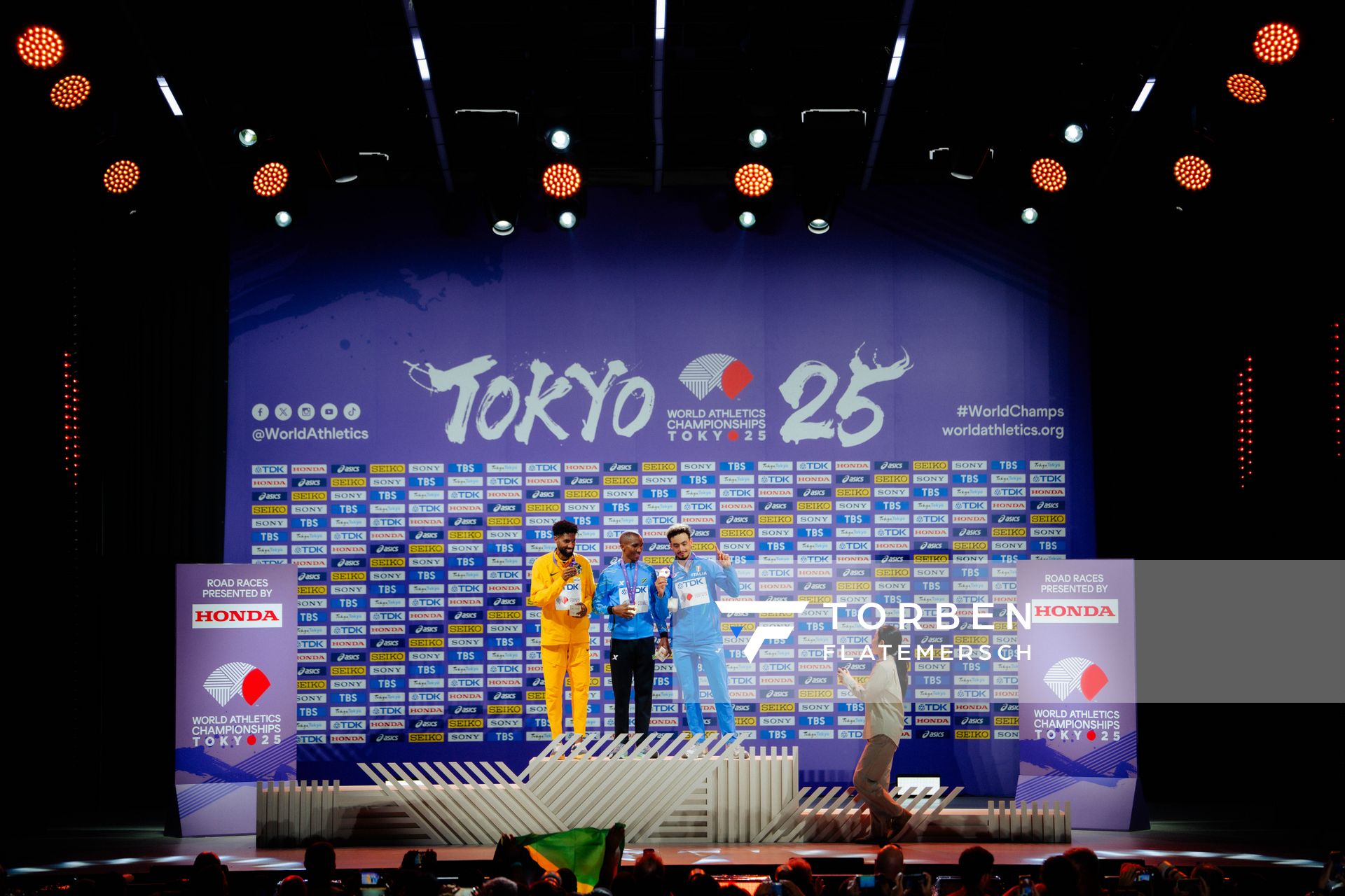 Medal ceremony of Men’s Marathon during the World Athletics Championships with Amanal Petros (GER),
 Alphonce Felix Simbu (TAN) & Iliass Aouani (ITA) 15.09.2025 in Tokyo.