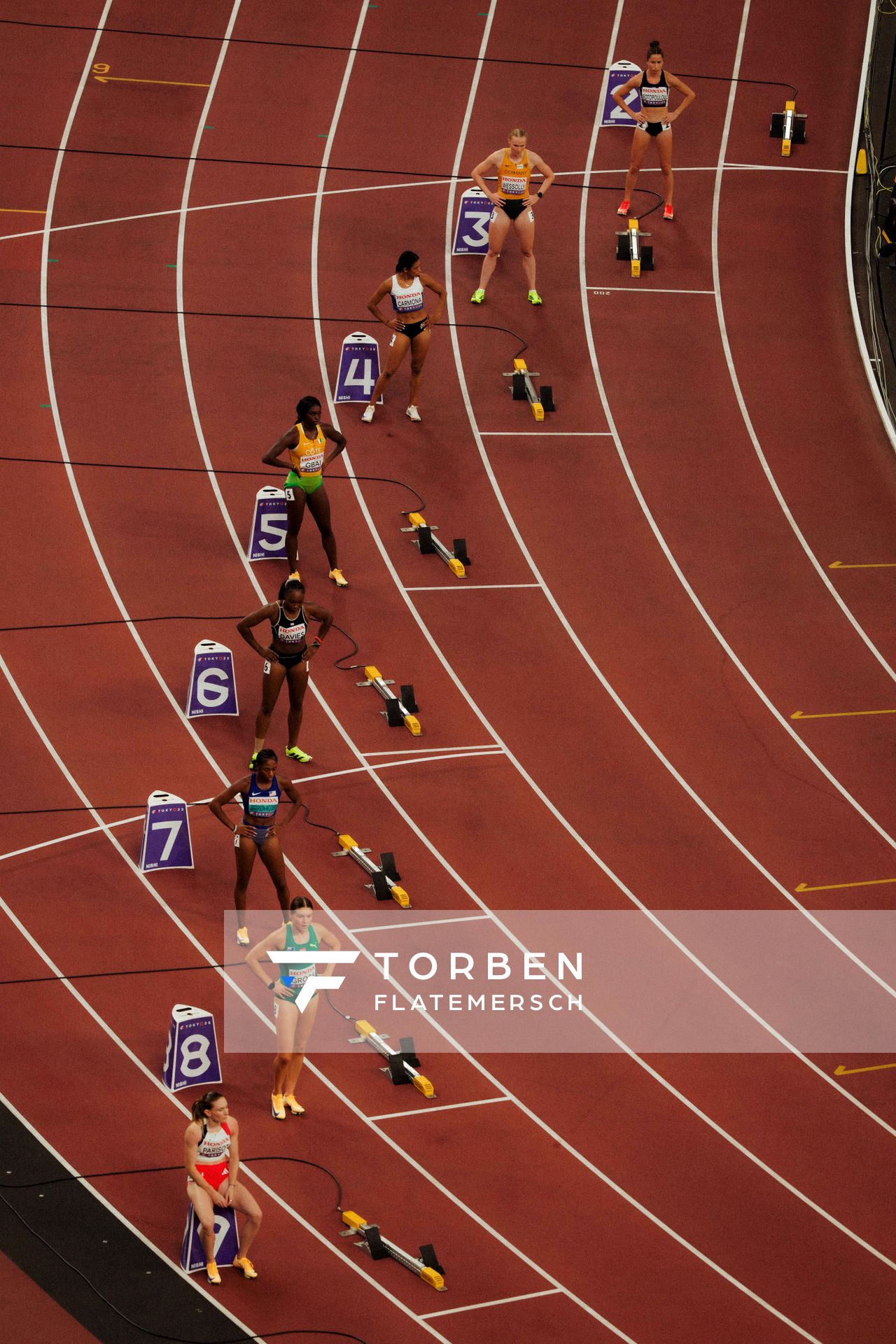 Heat 2 with Olivia Fotopoulou (CYP), Jessica Bianca Wessolly (GER), Maria Carmona (NCA), Jessika Gbai (CIV), Thelma Davies (LBR), Melissa Jefferson Wooden (USA), Mia Gross (AUS), Helene Parisot (FRA) during the World Athletics Championships on 17.09.2025 in Tokyo.