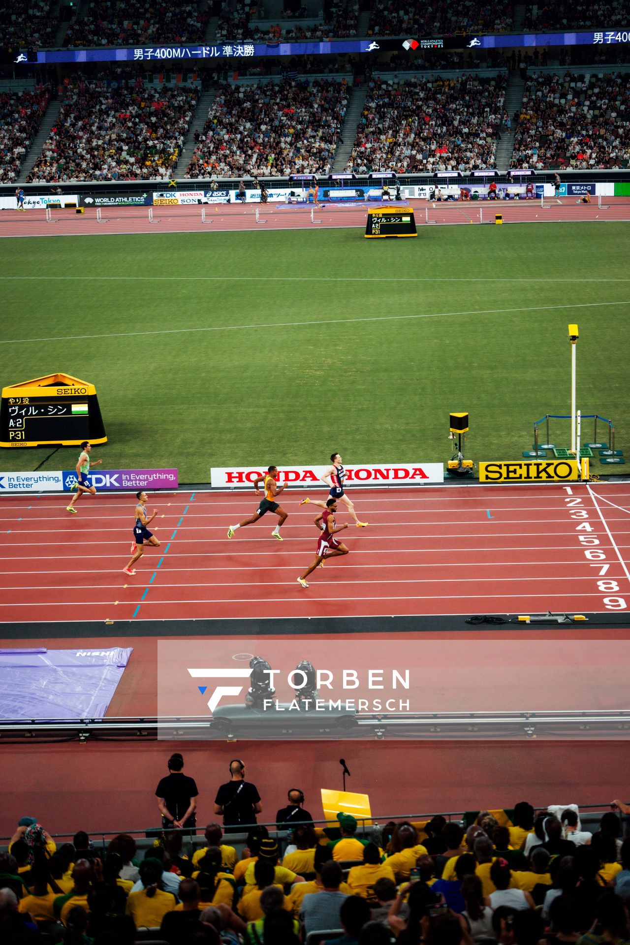 Matic Ian Guček (SLO), Kemorena Tisang (BOT), Karsten Warholm (NOR), Emil Agyekum (GER), Chris Robinson (USA), Tyri Donovan (GBR), Abderrahman Samba (QAT) during the World Athletics Championships on 17.09.2025 in Tokyo.