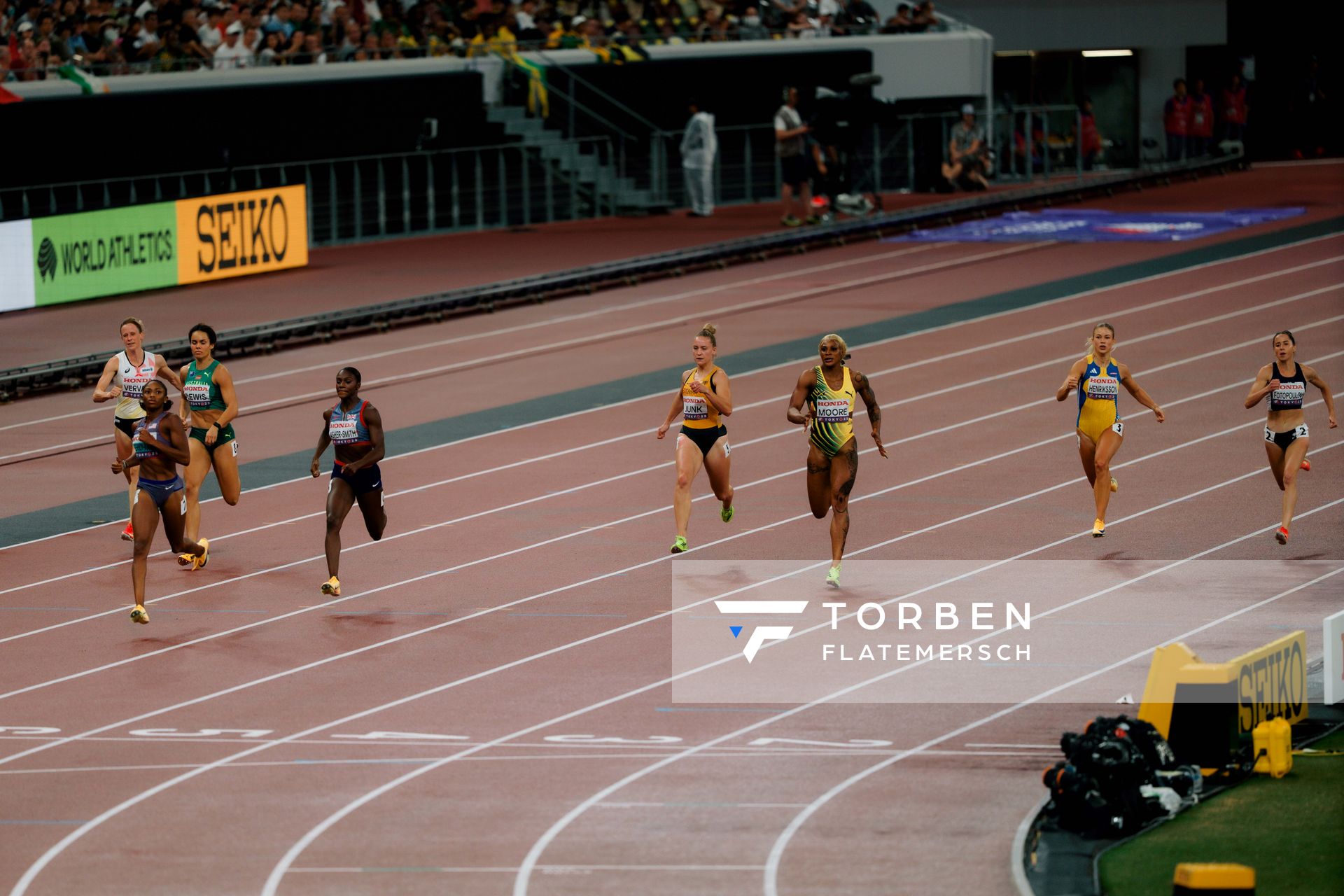 Sophia Junk (GER), Jasmine Moore (USA), Julia Henriksson (SWE), Olivia Fotopoulou (CYP) during the World Athletics Championships on 18.09.2025 in Tokyo.