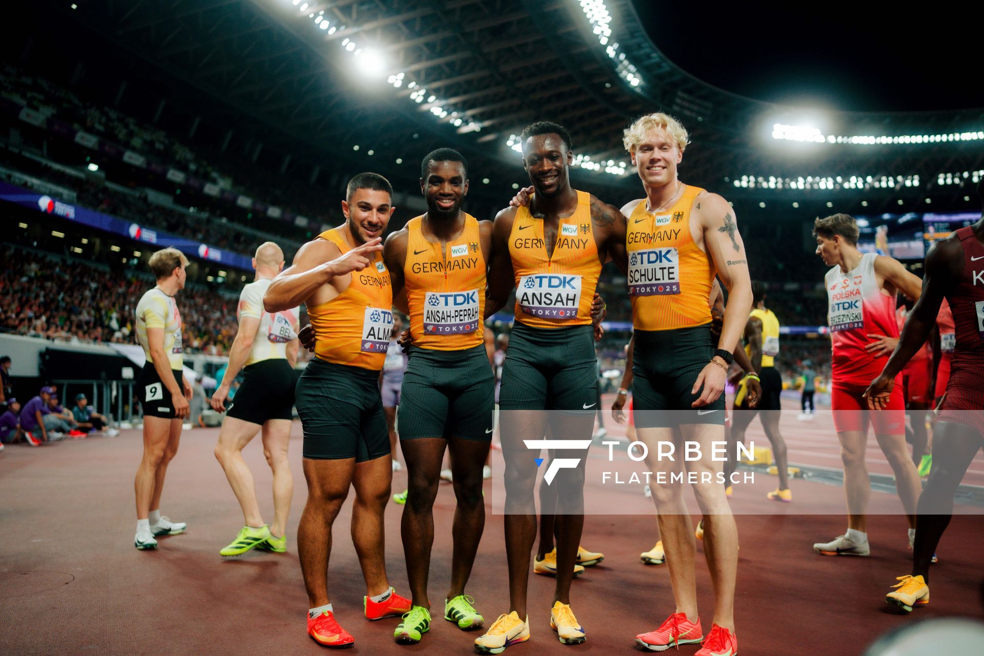 Deniz Almas (GER), Lucas Ansah Peprah (GER), Owen Ansah (GER), Marvin Schulte (GER) during the World Athletics Championships on 20.09.2025 in Tokyo.