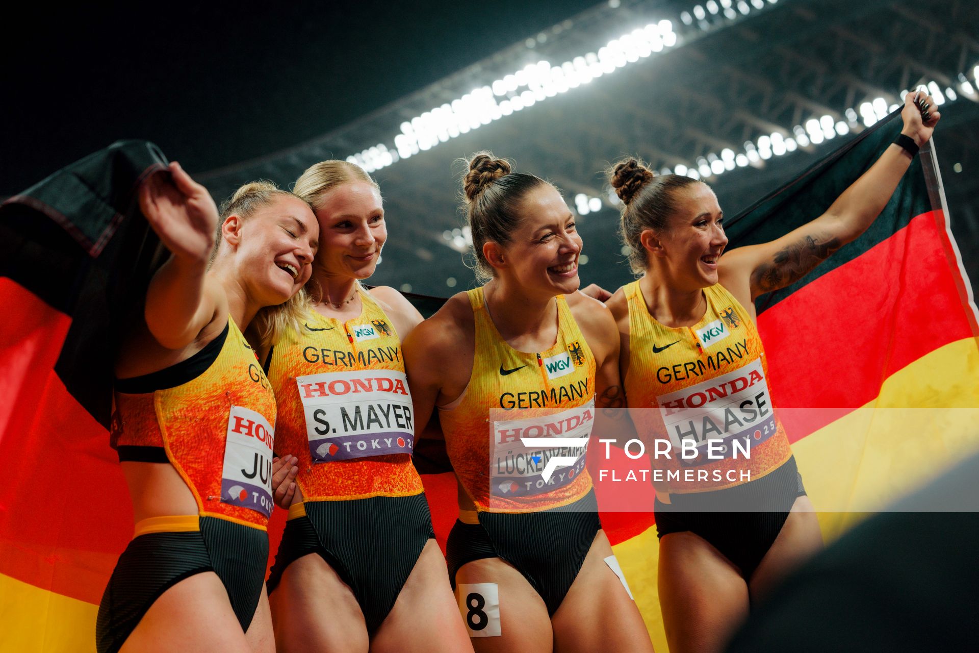 Sophia Junk (GER), Sina Mayer (GER), Gina Lückenkemper (GER), Rebekka Haase (GER) during the World Athletics Championships on 21.09.2025 in Tokyo.
