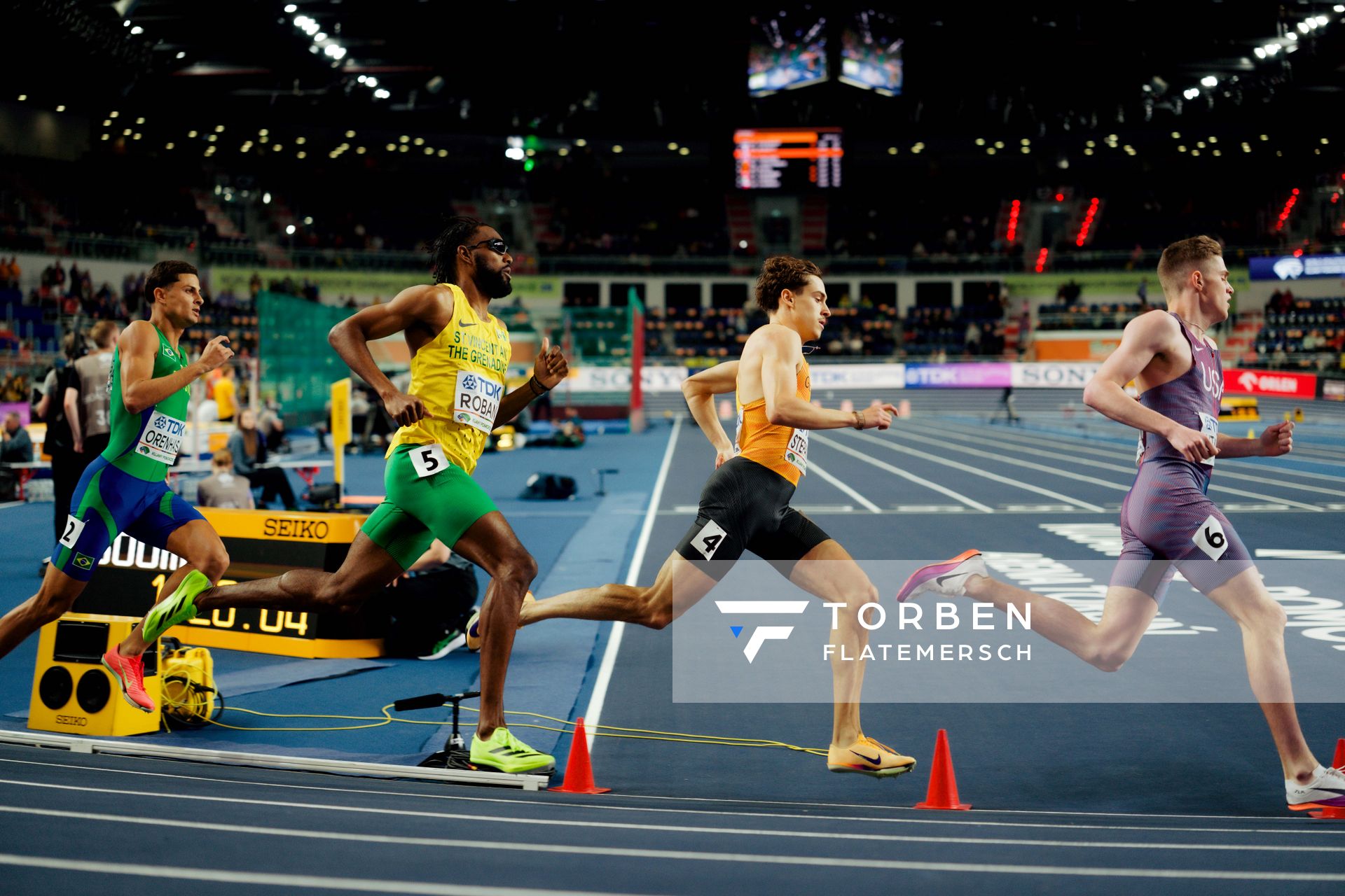 Guilherme Orenhas (Brazil), Handal Roban (Saint Vincent), Alexander Stepanov (Germany) on 20.03.2026 at the World Athletics Indoor Championships 2026 in Torun