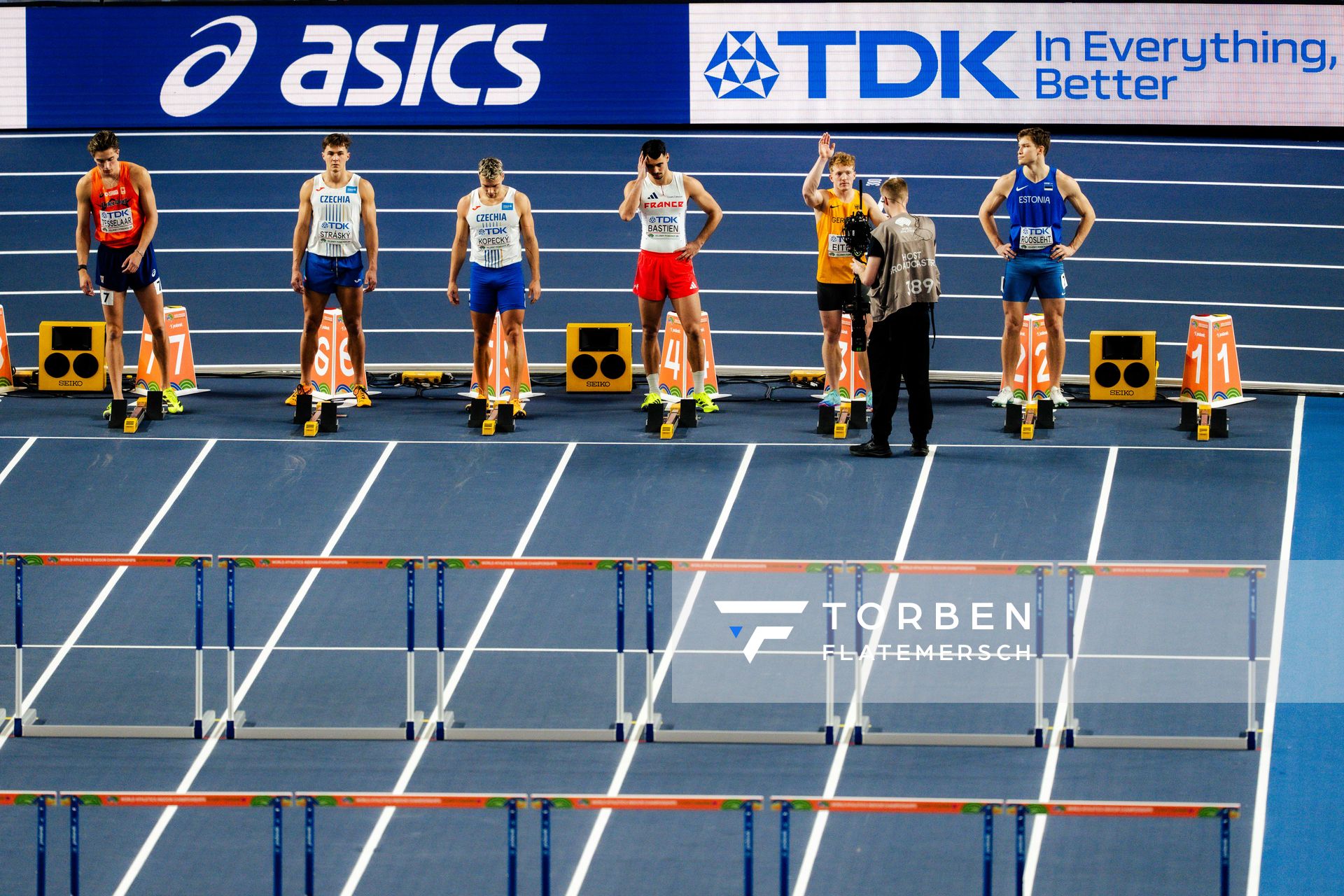 Jeff Tesselaar (Netherlands), Vilém Stráský (Czechia), Téo Bastien (France), Manuel Eitel (Germany), Rasmus Roosleht (Estonia) on 21.03.2026 at the World Athletics Indoor Championships 2026 in Torun
