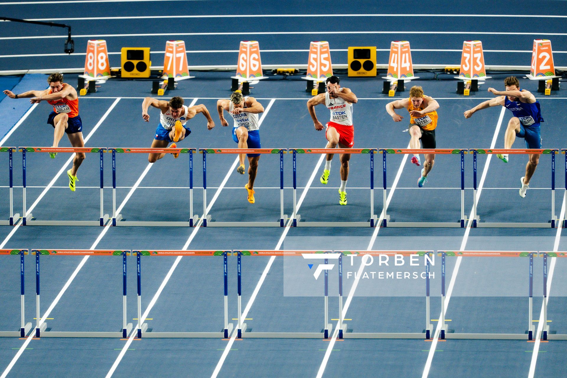 Jeff Tesselaar (Netherlands), Vilém Stráský (Czechia), Téo Bastien (France), Manuel Eitel (Germany), Rasmus Roosleht (Estonia) on 21.03.2026 at the World Athletics Indoor Championships 2026 in Torun