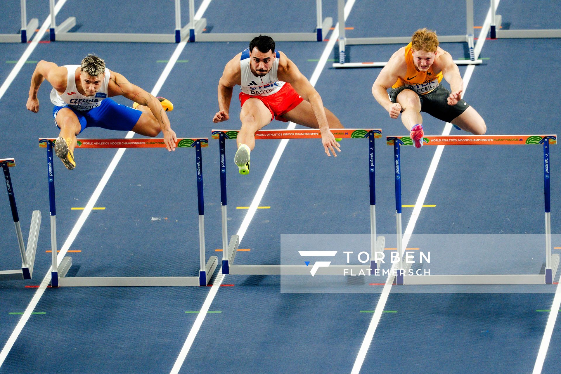 Vilém Stráský (Czechia), Téo Bastien (France), Manuel Eitel (Germany) on 21.03.2026 at the World Athletics Indoor Championships 2026 in Torun