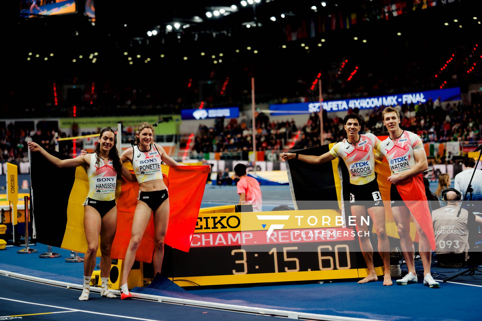 Ilana Hanssens (Belgium), Helena Ponette (Belgium), Jonathan Sacoor (Belgium), Julien Watrin (Belgium) on 21.03.2026 at the World Athletics Indoor Championships 2026 in Torun
