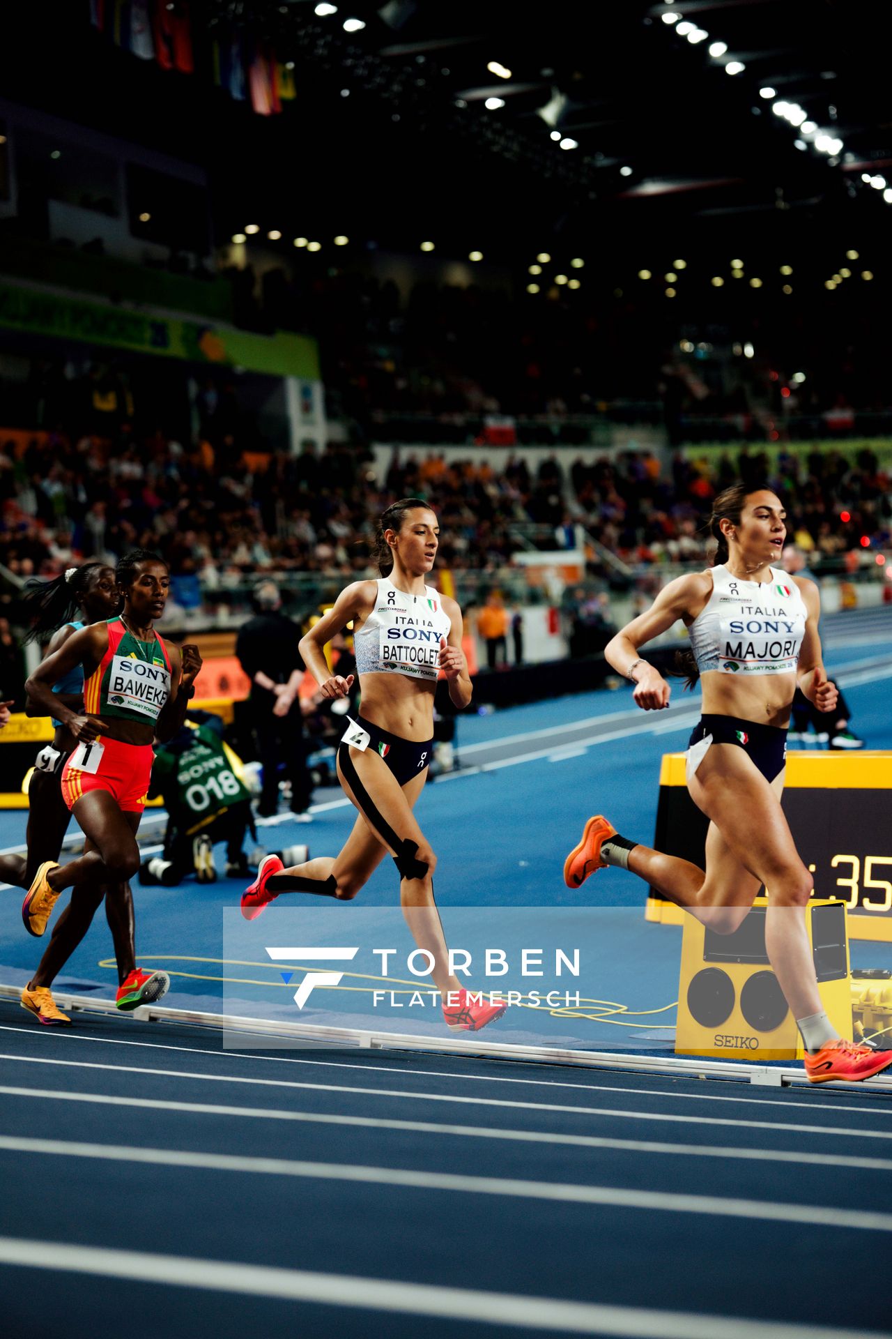 Aleshign Baweke (Ethiopia), Nadia Battocletti (Italy), Micol Majori (Italy) on 21.03.2026 at the World Athletics Indoor Championships 2026 in Torun