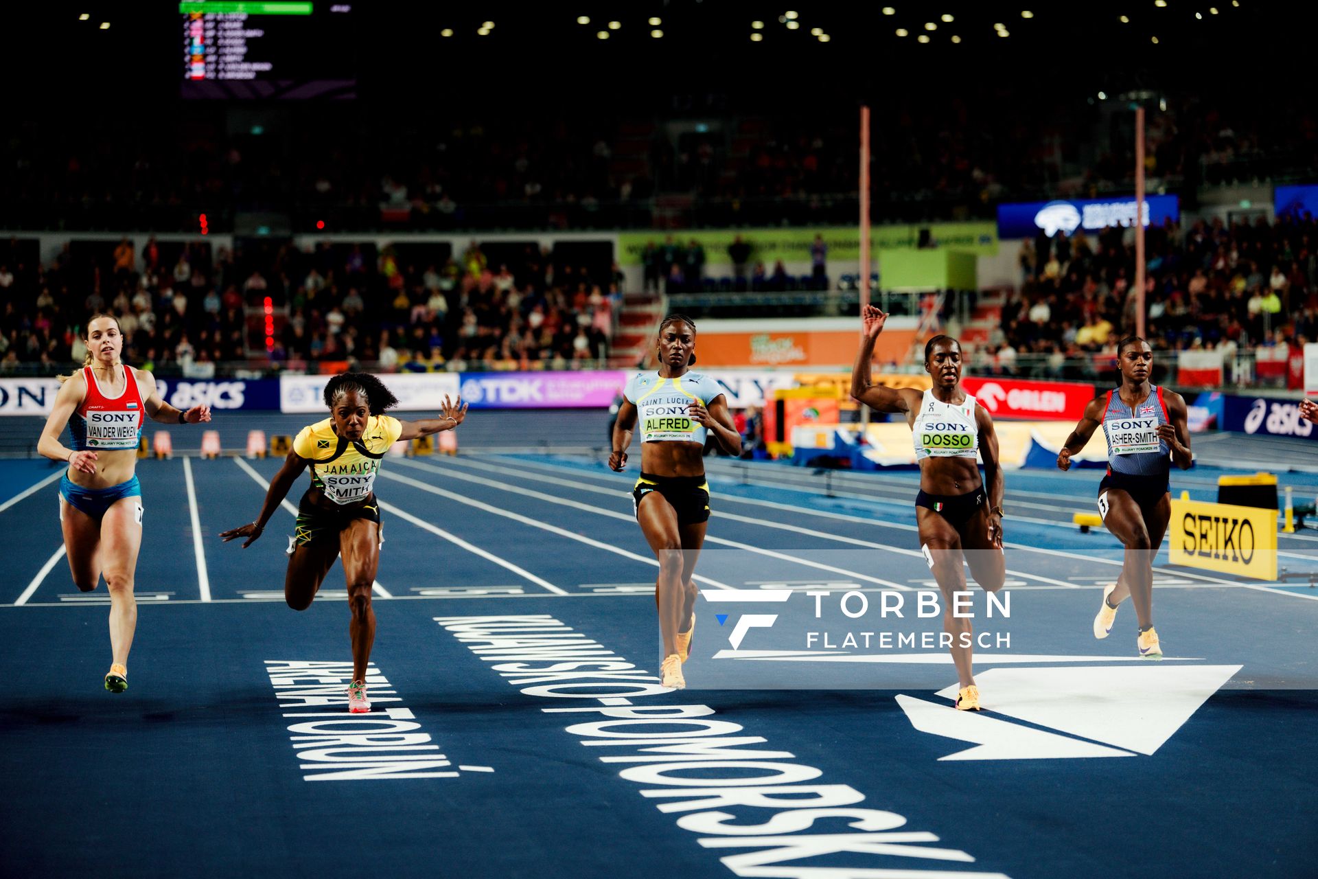 Patrizia Van Der Weken (Luxembourg), Jonielle Smith (Jamaica), Julien Alfred (Saint Lucia), Zaynab Dosso (Italy), Dina Asher-Smith (Great Britain & N.I.) on 21.03.2026 at the World Athletics Indoor Championships 2026 in Torun