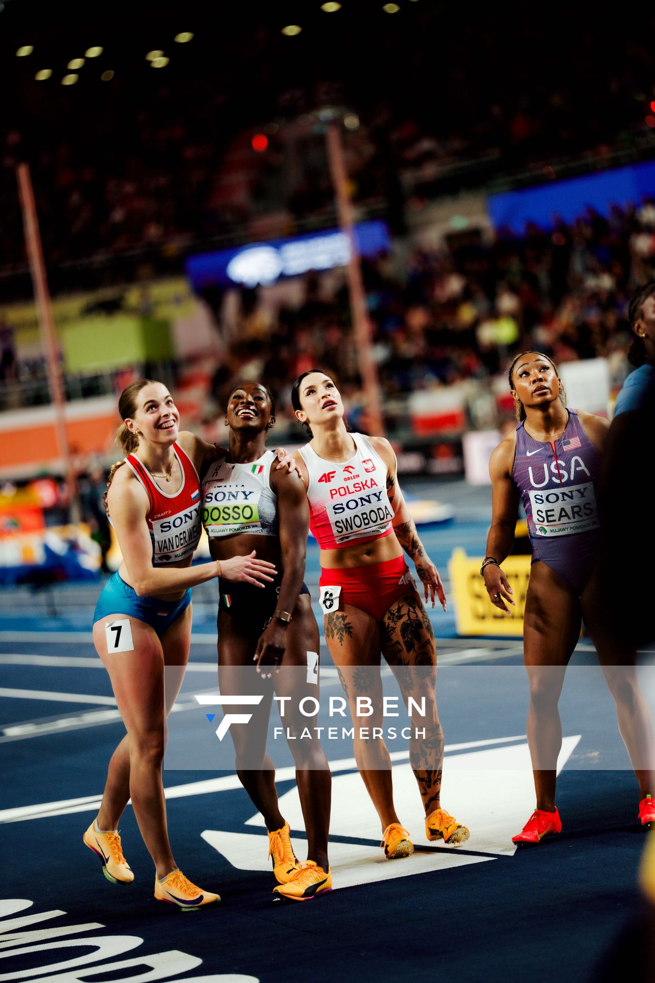 Ewa Swoboda (Poland), Julien Alfred (Saint Lucia), Patrizia Van Der Weken (Luxembourg), Jacious Sears (United States) on 21.03.2026 at the World Athletics Indoor Championships 2026 in Torun
