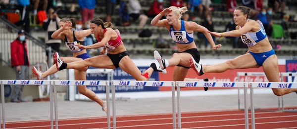 Mareike Roesing (USC Mainz), Anna-Lena Obermaier (SWC Regensburg), Janina Lange (MTV Luebeck) und Angela Stockert (SpVgg. Auerbach/Streitheim) ueber 100m Huerdene;Deutsche Leichtathletik-Mehrkampfmeisterschaften (Tag 2) am 22.08.2020 in Vaterstetten (Bayern)