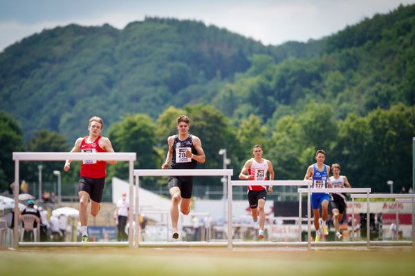 Henri Schlund (TSV Bayer 04 Leverkusen), Marcel Meyer (Hannover 96), Justus Ringel (SC Potsdam), Mateusz Lewandowski (TV Wattenscheid 01) am 26.06.2021 waehrend den deutschen U23 Leichtathletik-Meisterschaften 2021 im Stadion Oberwerth in Koblenz