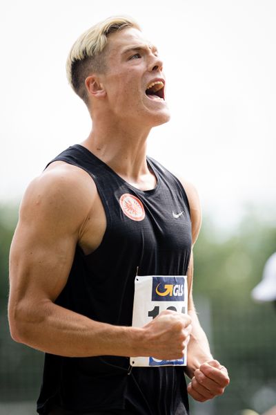 Freude beim Kugelstossen: Jannis Wolff (Eintracht Frankfurt e.V.) am 21.08.2021 bei den Deutschen Meisterschaften Mehrkampf im Auestadion in Wesel (Tag 2)