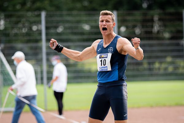 Nico Beckers (LAV Bayer Uerdingen/Dormagen) freut sich beim Kugelstossen am 21.08.2021 bei den Deutschen Meisterschaften Mehrkampf im Auestadion in Wesel (Tag 2)