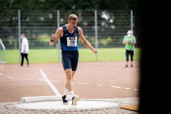 Nico Beckers (LAV Bayer Uerdingen/Dormagen) freut sich beim Kugelstossen am 21.08.2021 bei den Deutschen Meisterschaften Mehrkampf im Auestadion in Wesel (Tag 2)