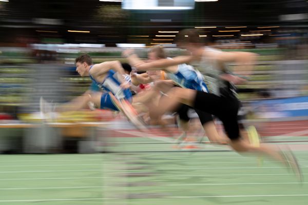 3. Halbfinale 60m Huerden mit Noah Braida (TV Wattenscheid 01) am 19.02.2022 waehrend der Deutsche Jugend-Hallenmeisterschaften U20 im Glaspalast in Sindelfingen