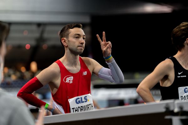 Maximilian Thorwirth (SFD 75 Duesseldorf-Sued) mit Ukrainearmband am 26.02.2022 waehrend der Deutschen Leichtathletik-Hallenmeisterschaften (Tag 1) in der Quarterback Immobilien Arena in Leipzig