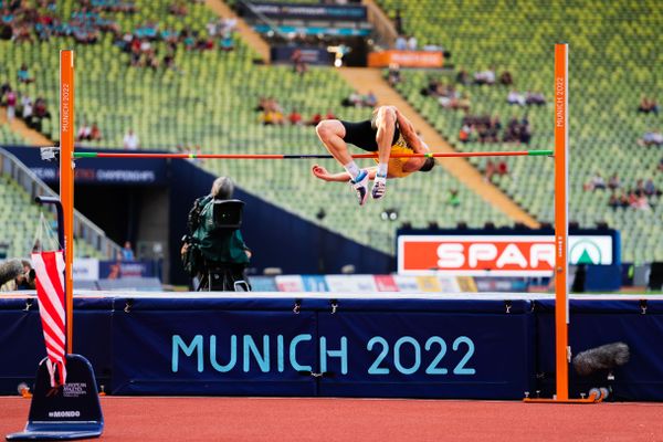 Kai Kazmirek (GER) beim Hochsprung am 15.08.2022 bei den Leichtathletik-Europameisterschaften in Muenchen