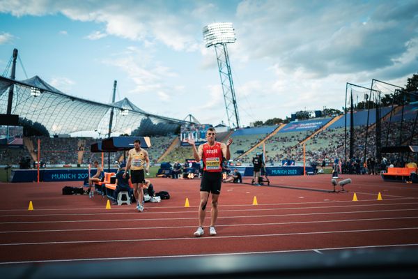 Simon Ehammer (SUI) beim Hochsprung am 15.08.2022 bei den Leichtathletik-Europameisterschaften in Muenchen