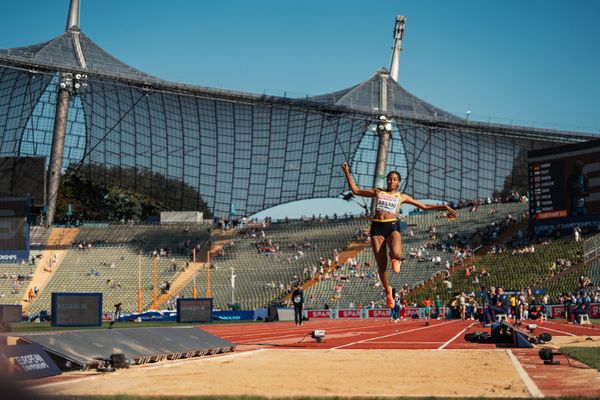 Mikaelle Assani (GER) im Weitsprung am 16.08.2022 bei den Leichtathletik-Europameisterschaften in Muenchen