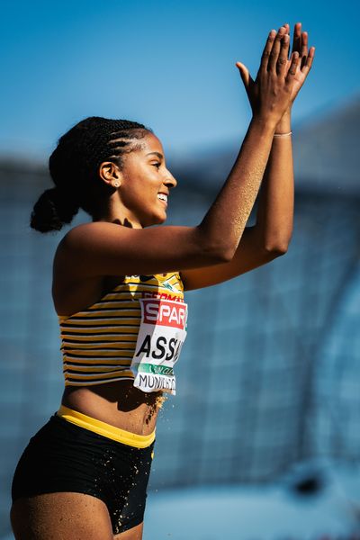 Mikaelle Assani (GER) im Weitsprung am 16.08.2022 bei den Leichtathletik-Europameisterschaften in Muenchen