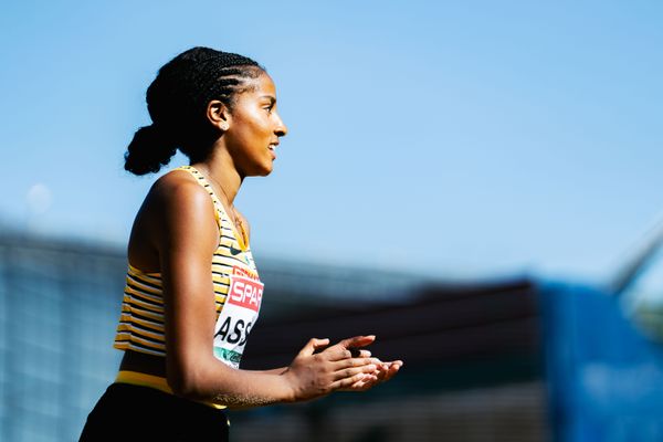 Mikaelle Assani (GER) im Weitsprung am 16.08.2022 bei den Leichtathletik-Europameisterschaften in Muenchen