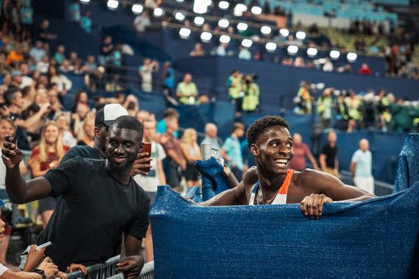 Just Kwaou-Mathey (FRA) gewinnt Bronze ueber 110m Huerden am 17.08.2022 bei den Leichtathletik-Europameisterschaften in Muenchen