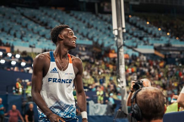 Just Kwaou-Mathey (FRA) gewinnt Bronze ueber 110m Huerden am 17.08.2022 bei den Leichtathletik-Europameisterschaften in Muenchen