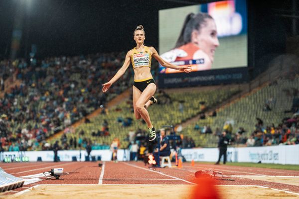 Merle Homeier (GER) beim Weitsprung am 18.08.2022 bei den Leichtathletik-Europameisterschaften in Muenchen