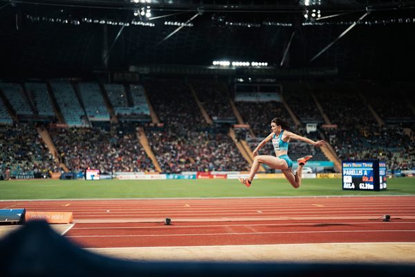 Senni Salminen (FIN) im Dreisprung am 19.08.2022 bei den Leichtathletik-Europameisterschaften in Muenchen