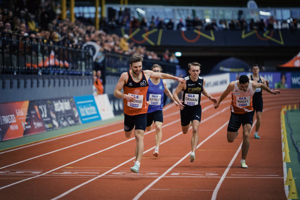 Fabian Dammermann (LG Osnabrueck), Vincente Graiani (LG Stadtwerke Muenchen), Justus Ringel (SC Potsdam) bei den Deutschen Leichtathletik-Hallenmeisterschaften am 18.02.2023 in der Helmut-Koernig-Halle in Dortmund