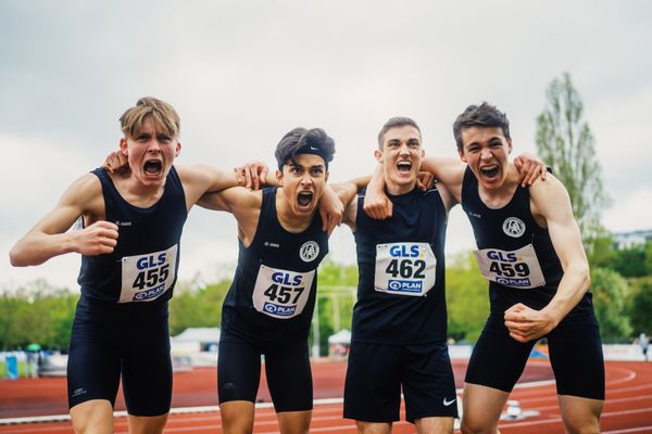 Nico Hoernke (StG Duesseldorf), Alexander Maennel (StG Duesseldorf), Leon Gruenewald (StG Duesseldorf), Luis Schaedlich (StG Duesseldorf) am 29.04.2023 bei den deutschen Meisterschaften Langstaffel in Bietigheim-Bissingen
