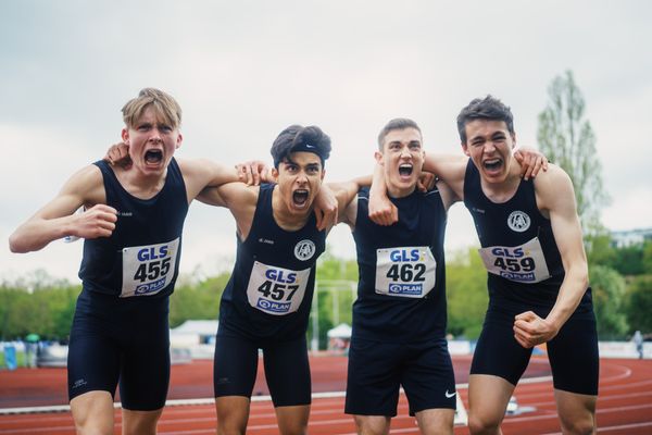Nico Hoernke (StG Duesseldorf), Alexander Maennel (StG Duesseldorf), Leon Gruenewald (StG Duesseldorf), Luis Schaedlich (StG Duesseldorf) am 29.04.2023 bei den deutschen Meisterschaften Langstaffel in Bietigheim-Bissingen